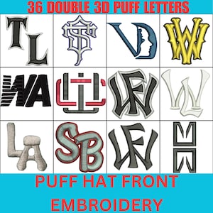 May include: A collection of 36 double 3D puff letters for hat front embroidery, featuring various monogram designs in black, white, yellow, red, and grey. The grid displays embroidered letter combinations with raised textures and outlines.