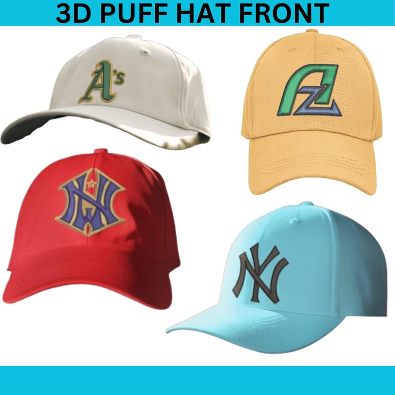 May include: Four baseball caps in different colors: white with green lettering, yellow with green and blue lettering, red with gold and blue lettering, and light blue with black lettering. The text "3D PUFF HAT FRONT" is at the top.
