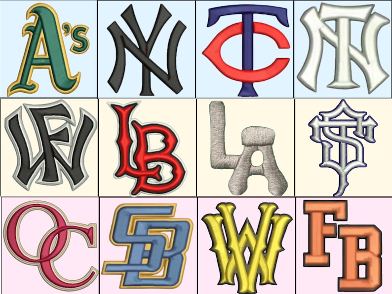 May include: A collection of embroidered baseball team logos, including the Oakland Athletics, New York Yankees, Minnesota Twins, and New York Mets. Other logos include the Washington Senators, Long Beach, Los Angeles, and San Francisco Giants. The logos are in various colors.
