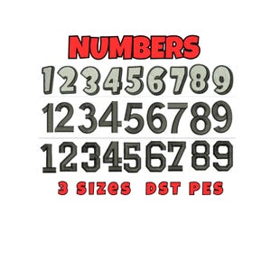Op de afbeelding: De afbeelding toont het woord "NUMBERS" in rode, omrande tekst boven drie rijen geborduurde cijfers. Elke rij toont de cijfers 1 tot en met 9 in verschillende stijlen. De tekst "3 SIZES DST PES" staat eronder.