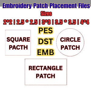 Peut inclure: Image présentant des fichiers de placement de patchs de broderie avec des tailles et des types de fichiers. Les tailles sont indiquées comme 2*2, 2.5*2.5, 3*3, 3.5*3.5 et 4*4 pouces (5.08 x 5.08, 6.35 x 6.35, 7.62 x 7.62, 8.89 x 8.89, et 10.16 x 10.16 cm). Les types de fichiers sont PES, DST et EMB.