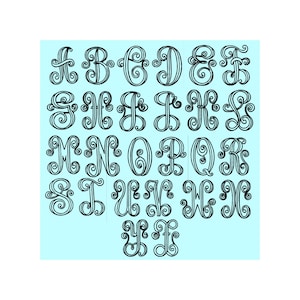 May include: Black, ornate alphabet letters A through Z, each with a unique, swirling design. The letters are displayed on a light blue background, perfect for personalized crafts or monograms.