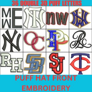 May include: A grid of embroidered letters and logos in various colors. The text "36 DOUBLE 3D PUFF LETTERS" is at the top, and "PUFF HAT FRONT EMBROIDERY" is at the bottom. Logos include "MW", "NY", "nw", and others.