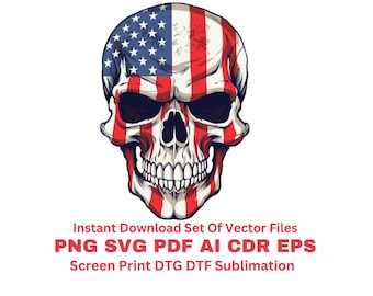 Calavera con la bandera de EE. UU. en formato PNG: Diseño imprimible para el 4 de julio (descarga digital).