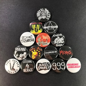 Classic UK Street Punk 1" Pinback Button Set (All 15 pins pictured) Quarter Sized