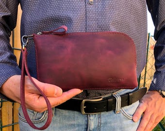 Men's genuine leather clutch, Men's Handmade leather wristlet, Luxury artisanal Crossbody handbag, Birthday or Father's days ideal gift