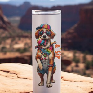 Colorful Cartoon Dog Tumbler  20oz Skinny Tumbler with Fun  Playful Design Perfect for Gifts Drinks on the Go