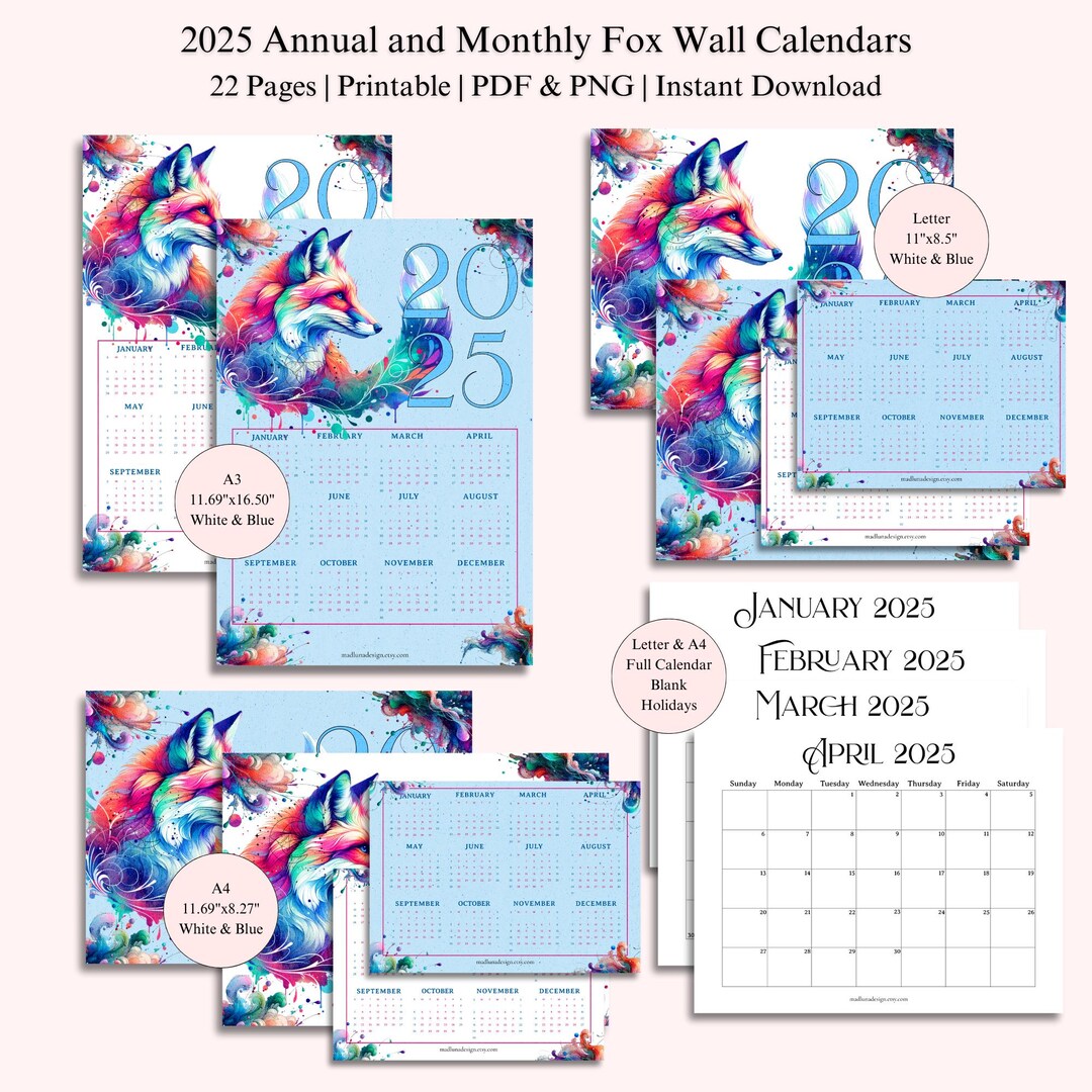 2025 Monthly and Annual Calendar, Rainbow Watercolor Fox, Printable ...