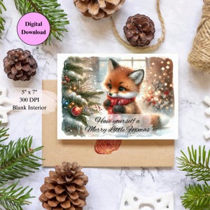 Merry Little Foxmas Weihnachtskarte 13x18, süßer Fuchs mit Weihnachtsbaum. Digitaler Download. Drucken und ausschneiden. Nette lustige Geschenkidee