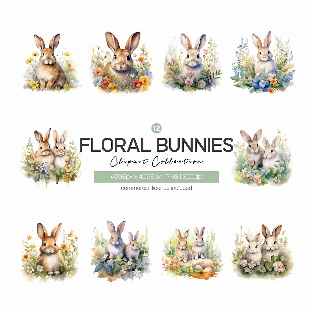 Floral Bunnies Clipart Bundle, 12 High Quality PNG Files, Journal ...