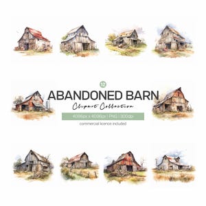 Paquete de imágenes prediseñadas de granero abandonado, 12 archivos PNG de alta calidad, para diario, álbum de recortes, pegatinas, descarga digital instantánea, uso comercial
