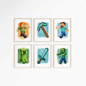May include: Six framed watercolour prints showcasing characters and items from Minecraft. The set includes Alex, Steve, a pickaxe, a sword, a creeper, and a zombie, each set against a colourful background.