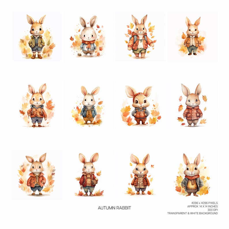 Autumn Rabbit Clipart Bundle, 12 High Quality PNG Files, Journal ...