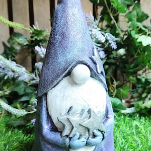 Large Concrete Garden Gnome with Silver Stars - 9.5&quot;