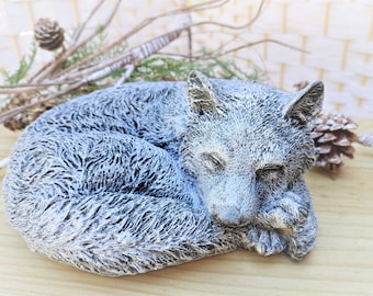 Silver Sleeping Fox Figurine: Hand-Painted Concrete Garden Decor