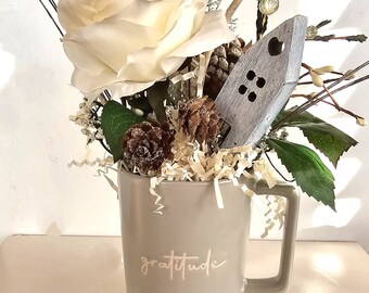 Gratitude Ceramic Mug Floral Arrangement 9-11" High  w/Faux Floral, Silk Rose, Acrylic Gems, Pine Cones, Concrete House, Ready to Ship