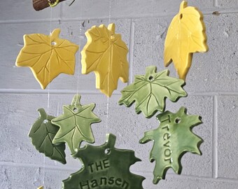 Personalized Family Tree Wind Chime: Glazed Stoneware Clay Leaves