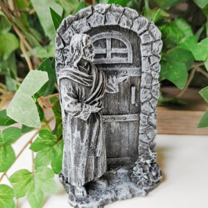 Concrete Jesus at the Door, Cement Jesus Christ Figurine, 3.75&quot; tall