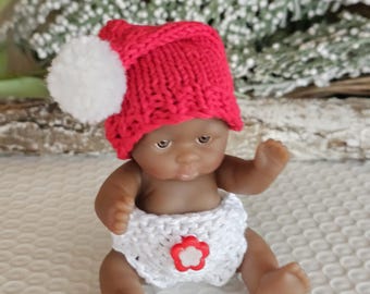 Hand Knitted Hat Pants Set Red and White for 5" Berenguer, etc