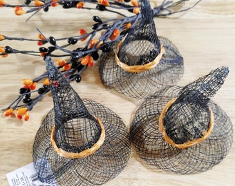 Miniature Black Sinamay Witch Hats: Halloween Decor (Lot of 3)