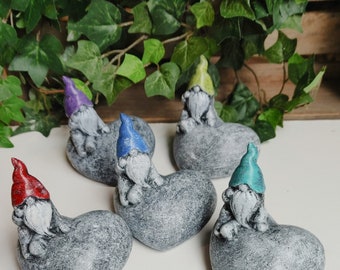 Tiny Cement Gnome Figurine: Heart Stone Decor, Hand-Painted