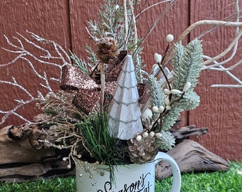Season's Greetings Mug Floral Arrangement 11-15" High  w/Concrete Christmas Tree, etc. Ready to Ship