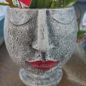 May include: A white ceramic planter shaped like a face with closed eyes and red lips. The planter has a textured surface and is filled with artificial flowers.