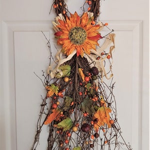 Fall Drop with Mixed Berries, Pumpkins, Sunflowers, Maple Leaves on a Twig Base, 28 inches FarmhouseDecor, Rustic Cabin Lodge Decor, image 3