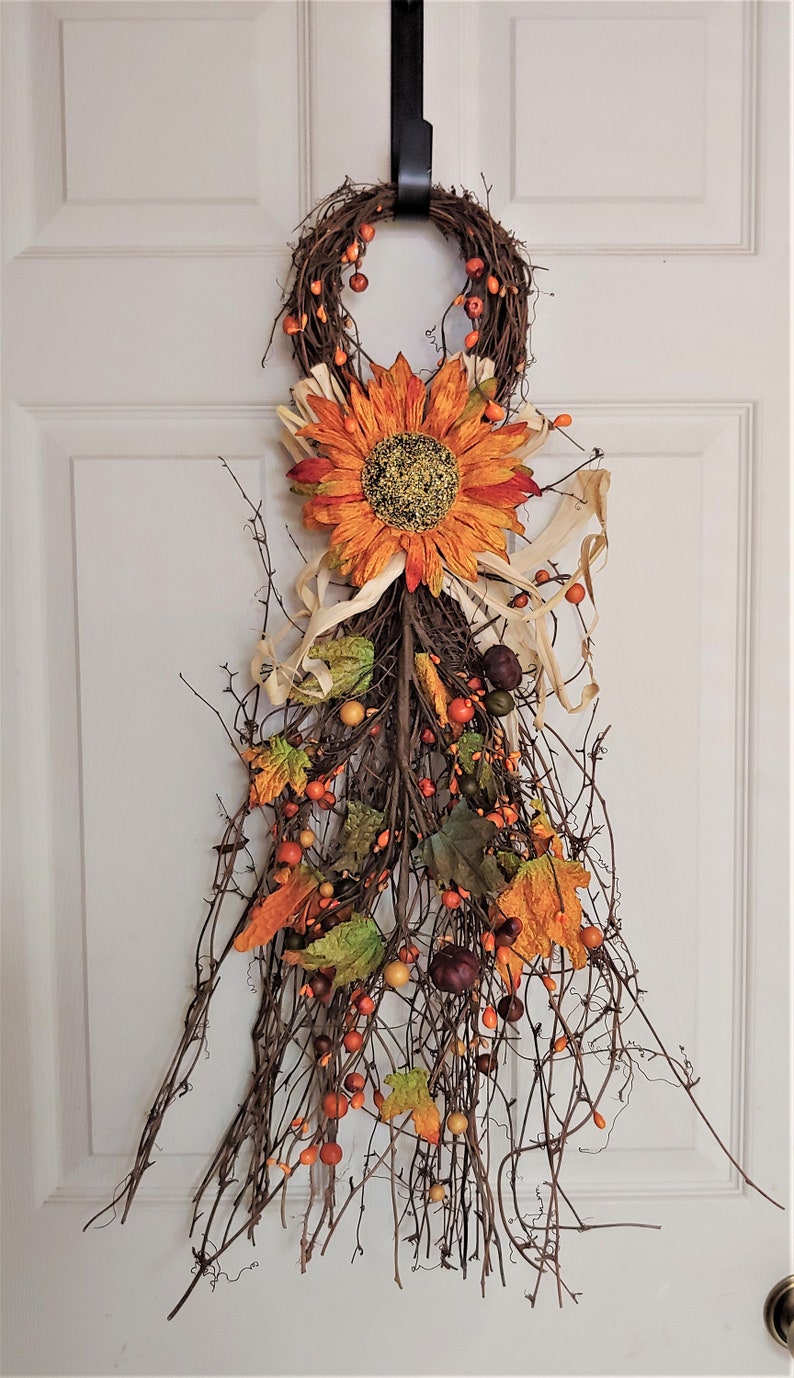 Fall Drop with Mixed Berries, Pumpkins, Sunflowers, Maple Leaves on a Twig Base, 28 inches FarmhouseDecor, Rustic Cabin Lodge Decor, image 3