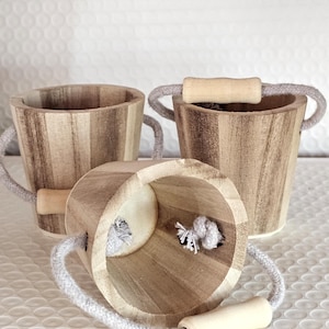Set of 3 Little Wood Water Buckets with Rope Handle each 2-1/2&quot; H x 2&quot; Dia.