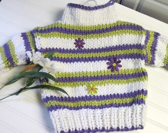 Knitting Pattern Sweater Striped Funnel Neck  Child 3 to 12 years old