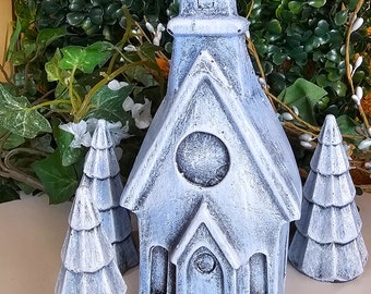 Distressed Pale Blue Concrete Church and Trees: Garden Decor Set