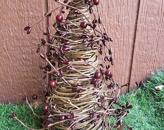 Burgundy Pip Berries on a Grapevine Cone Tree with  Rust Stars,  FarmhouseDecor,  approx. 10.5 to 11" x 5" base.