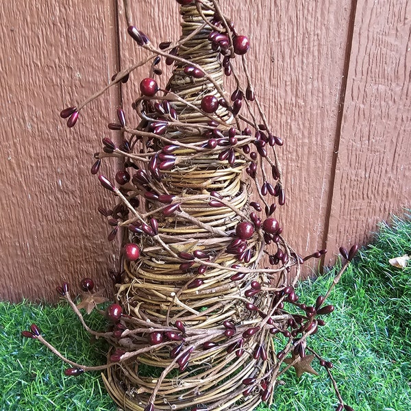 Burgundy Pip Berry Grapevine Cone Tree: Rustic Farmhouse Decor