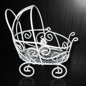 Un-adorned  Wire Mini Carriage, Baby Showers, Dollhouses, Floral Display, Inside dimensions: 3 x 3.5 inches, Height to top of hood 4 inches
