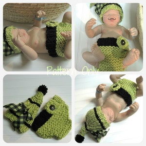 May include: A green and black knitted baby hat and diaper set with a black button and a black and white plaid bow. The set is made of soft yarn and is perfect for a newborn baby.
