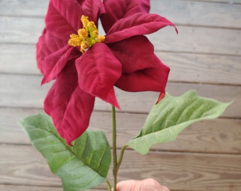 25" Long Stem Poinsettia Pick: Burgundy, 8 x 25 inches