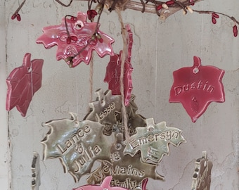 Personalized Family Tree Wind Chime: Glazed Stoneware Clay Leaves
