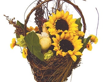 9 in. Silk Grapevine Basket w/Bulb, Sunflowers, Leaves, Ready to Ship