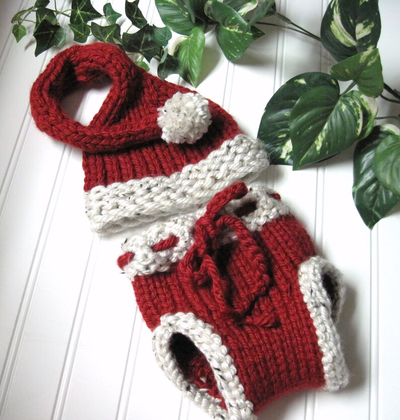 May include: Red and white knitted Santa hat and diaper set for a baby. The hat has a white pom-pom on top.