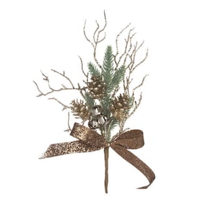 May include: A gold glitter twig spray with pine needles, pine cones, and silver bells. A brown glitter ribbon is tied around the base of the twig spray.