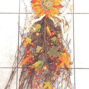 Fall Drop with Mixed Berries, Pumpkins, Sunflowers, Maple Leaves on a Twig Base, 28 inches FarmhouseDecor, Rustic Cabin Lodge Decor, image 1