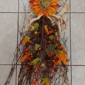 Fall Drop with Mixed Berries, Pumpkins, Sunflowers, Maple Leaves on a Twig Base, 28 inches FarmhouseDecor, Rustic Cabin Lodge Decor, image 5