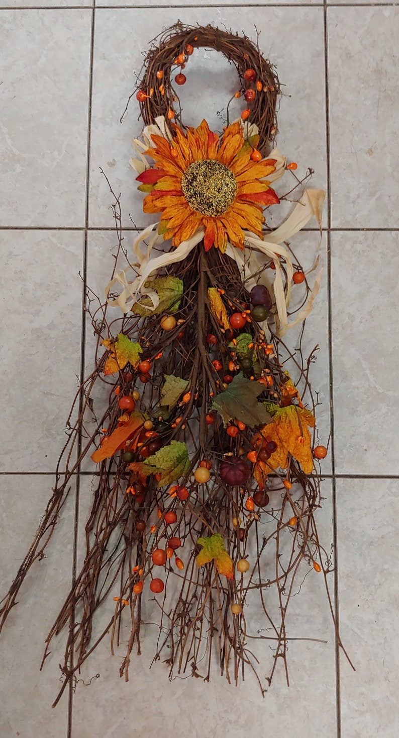 Fall Drop with Mixed Berries, Pumpkins, Sunflowers, Maple Leaves on a Twig Base, 28 inches FarmhouseDecor, Rustic Cabin Lodge Decor, image 5