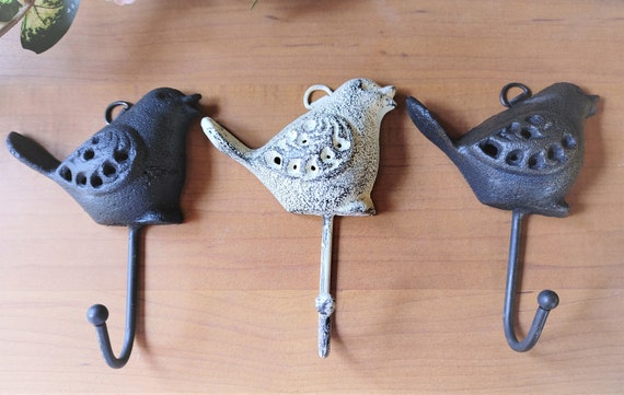 One Cast Iron Bird Wall Hook, Antique Black, Antique White, or