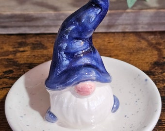 Stormy Blue Ceramic Gnome Ring Holder: Whimsical Trinket Dish