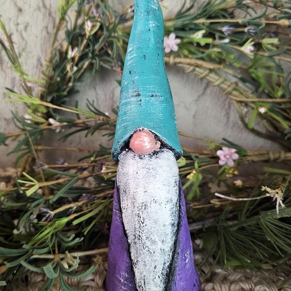 Tall Teal & Purple Concrete Gnome: Garden Decor Figurine