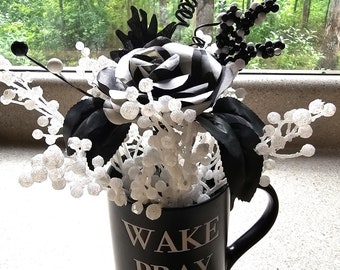 Black Mug Floral Arrangement 9-11" High  w/White Glitter Berry Picks, Black & White Book Page Rose and Pip Berry Picks, Ready to Ship