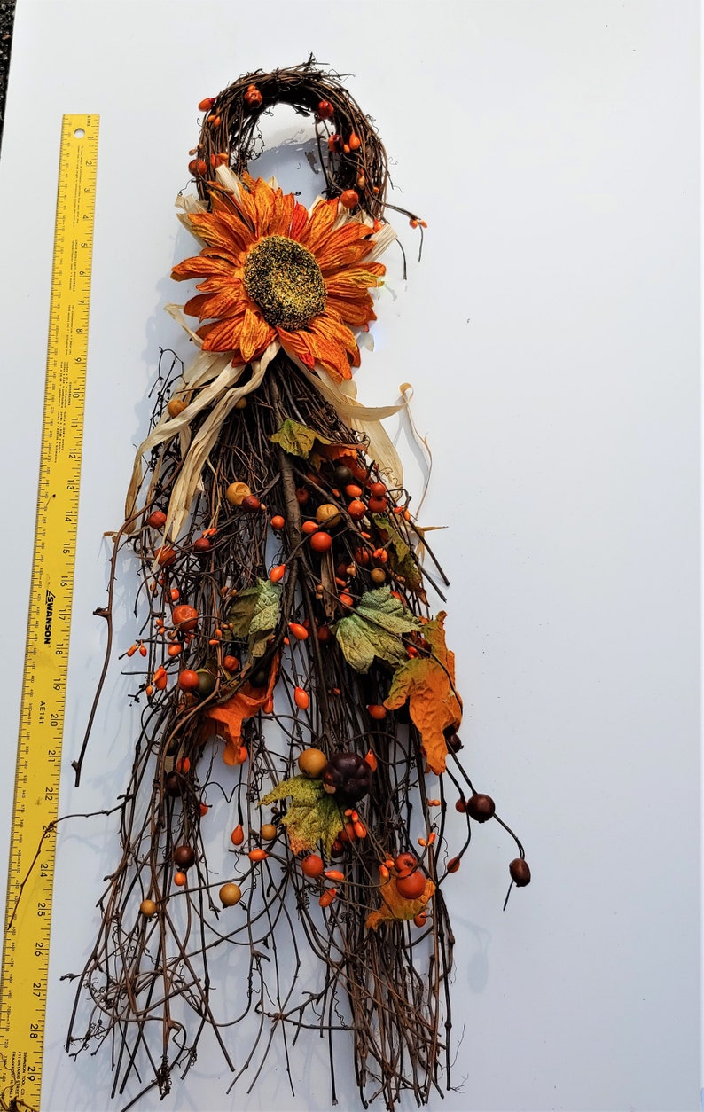 Fall Drop with Mixed Berries, Pumpkins, Sunflowers, Maple Leaves on a Twig Base, 28 inches FarmhouseDecor, Rustic Cabin Lodge Decor, image 4