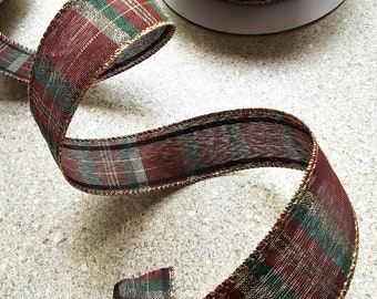 Holiday Plaid Burgundy and Green Ribbon with Gold Stripes, 1 yd, 5 yd, 10 yd, 15 yd, 25 yd, or 50 yds. you choose